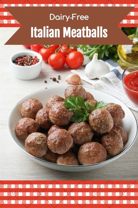 Dairy-Free Italian Meatballs Recipe - a classic made without milk or cheese of any kind! Oven baked for fuss-free cooking. Includes gluten-free and egg-free options. Nut-free and soy-free. Meatballs Recipe Baked, Meatballs Dairy Free, Dairy Free Italian, Oven Meatballs Recipe, Dairy Free Meatballs, Baked Meatball Recipe, Baked Meatballs, Dairy Free Soy Free, Italian Meatballs Recipe