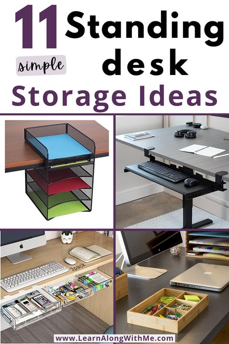 Organize Standing Desk, Office With Stand Up Desk, Stand Up Desk Organization, Tiny Desk Organization, Office Desk Storage Ideas, Stand Up Desk Home Office Layout, Office With Standing Desk Ideas, Standing Desk Organization Ideas, Sit Stand Desk Setup