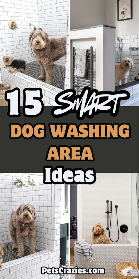 "Image displays four different dog washing area ideas, featuring stylish and functional designs. Text reads '15 Smart Dog Washing Area Ideas' in bold letters with playful fonts. The setups include tiled wash stations and cozy mudroom setups, showcasing practical and stylish solutions for dog grooming. The theme focuses on convenient and aesthetic dog wash areas, combining modern design with ease of use." Garage Dog Shower Ideas, Mushroom With Dog Bath, Dog And Human Shower Ideas, Dog Wash In Bathroom, Dog Washing Station In Laundry Room Utility Sink, Laundry With Dog Wash Station, Dog Shower In Master Bath, Dog Washing Station In Mudroom, Dog Wash Station Ideas