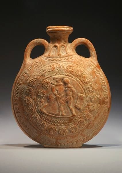 ROMAN MOLDED REDWARE MOON FLASK WITH GLADIATORS IN COMBAT, 2nd CENTURY, CE Ancient Roman Pottery, Roman Artefacts, Egyptian Pottery, Roman Pottery, Roman Mosaics, Pottery Unique, Roman Artifacts, Roman Mosaic, Rookwood Pottery