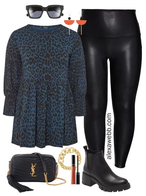 Plus Size Faux Leather Leggings Outfit for Winter - Alexa Webb Faux Leather Leggings Outfit Winter, Leopard Print Scarf Outfit, Plus Size Faux Leather Leggings, Active Wear Outfits Winter, Leather Leggings Outfit Winter, Plus Size Leather Pants, Faux Leather Leggings Outfit, Leggings Outfit Winter, Tunic Outfit