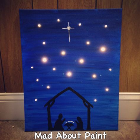 Nativity scene Christmas canvas with lights Mad About Paint Www.Facebook.Com/madaboutpaint Nativity Scene Painting Easy, Canvas With Lights, Christmas Vbs, Nativity Ideas, Diy Christmas Canvas, January Month, Nativity Painting, Christmas Boards, Christmas Diy Kids