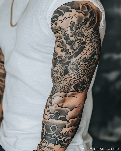 Japanese-style arm tattoo sleeve.🇯🇵 #japanesetattoo #irezumi #dragontattoo #sleevejapanesetattoo #japanesesleeve #orientaltattoo #irezumitattoo #japonisme #dragonsleeve #japanesedragontattoo #blackandgrey #japanesetattooart #dragonirezumi #japaneseclouds #cloudtattoo #traditional_tattoo #asianink #irezumiart #tattoosleeve #fullsleevetattoo #tattoodesign Japanese Full Sleeve Tattoo Design, Japanese Full Sleeve, Arm Tattoo Sleeve, Dragon Sleeve, Japanese Dragon Tattoo, Tattoos Sleeve, Full Sleeve Tattoo Design, Cloud Tattoo, Irezumi Tattoos