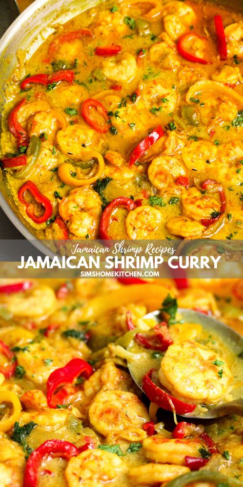 Jamaican Curry Shrimp Recipe | Sims Home Kitchen Curry Shrimp Jamaican, Jamaican Shrimp, Indian Shrimp, Sims Home, Shrimp Curry, Jamaican Curry, Jamaican Cuisine, Jamaican Dishes, Seafood Recipe