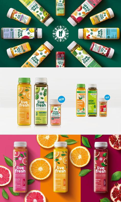 Fresh Juice Packaging Design, Creative Juice Packaging, Drinks Branding Design, Organic Drink Packaging, Healthy Drinks Packaging, Beverage Bottle Design, Fresh Packaging Design, Fruit Drink Packaging Design, Vitamin C Packaging Design