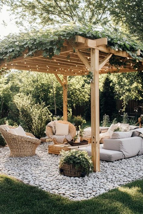 Learn how to build a beautiful DIY pergola to transform your backyard! Perfect for adding shade and style to your outdoor space. #DIYPergola #OutdoorLiving #BackyardProjects Pergola Over Pea Gravel Patio, Pergola Around Fire Pit, Build Your Own Pergola, Backyard Awning Ideas, Detached Patio Ideas, Pergola Over Fire Pit, Wood Shade Structure, Montana Landscaping, Diy Wood Pergola