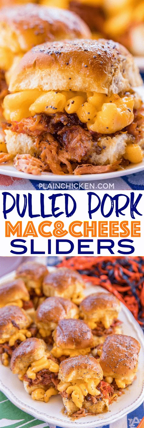 Pulled Pork Mac and Cheese Sliders recipe - CRAZY good! I took these to a party and they were gone in a blink of an eye!!! Slow cooked pulled pork on Hawaiian rolls topped with macaroni and cheese, bbq sauce and a sweet and savory butter sauce. These sandwiches are THE BEST!!!! Pulled Pork, store-bought mac and cheese, Hawaiian rolls, bbq sauce, butter, brown sugar, dijon mustard, Worcestershire sauce and poppy seeds. YUM! #ad #pulledpork #ohpork #sandwiches #macandcheese Slow Cooked Pulled Pork, Breakfast Slider, Slider Sandwiches, Pork Sliders, Hawaiian Rolls, Slider Recipes, Football Food, Game Day Food, Pulled Pork