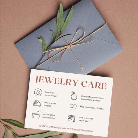 Jewellery Thank You Card, Jewelry Care Card Template, Handmade Jewelry Branding, Jewelry Care Instructions Card, Jewellery Packing Ideas For Business, Jewelry Packaging Ideas Branding, Jewelry Care Tips Card, Bracelet Packaging Ideas, Jewelry Card Design