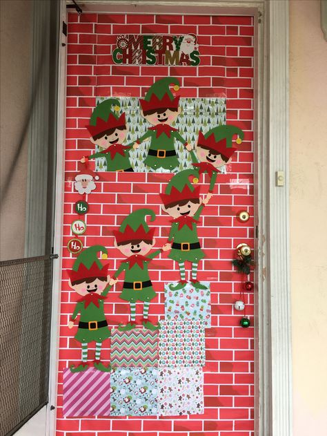 Elves door decoration Elves At Work Door Decoration, Toy Shop Door Decoration, Elves Door Decorations Classroom, Elves Door Decoration, Christmas Door Design, Cheer Decorations, Christmas Door Decorating, Christmas Cubicle Decorations, Door Decorations Classroom Christmas