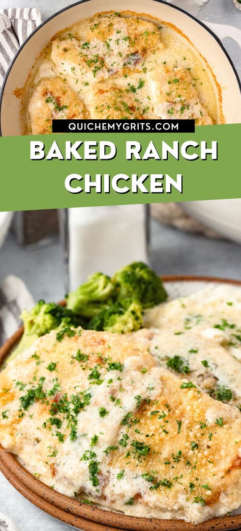 Two graphics depicting baked ranch chicken with broccoli. Baked Creamy Ranch Chicken, Creamy Ranch Chicken Oven, Hidden Valley Ranch Chicken Recipes, Chicken Ranch Bake, Chicken And Ranch Recipes, Chicken With Ranch Packet, Ranch Chicken Baked, Chicken Ranch Recipes, Ranch Chicken Bake