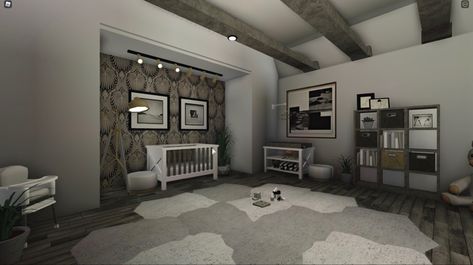 Bloxburg Aesthetic Nursery, Nursery Ideas In Bloxburg, Nursery Ideas Bloxburg 3x3, Boy Room Bloxburg, 3x3 Baby Room Bloxburg, Contemporary Nursery, Modern Family House, Two Story House Design, House Plans With Pictures