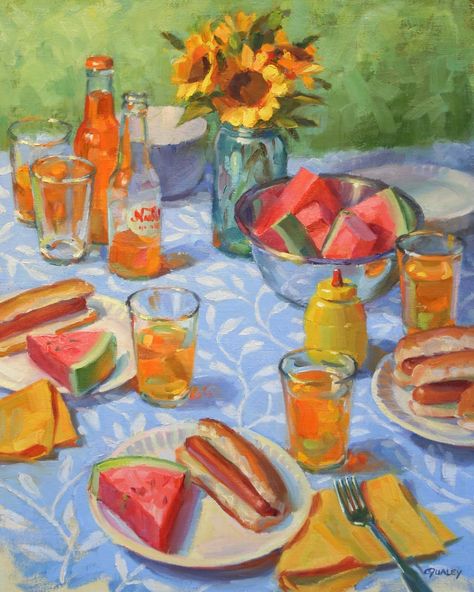 Picnic Still Life Painting, Painting Of Picnic, Painting Ideas On Canvas Food, Picnic Painting Ideas On Canvas, Everyday Life Painting, Picnic Still Life, Sara Qualey, Food Painting Acrylic, Picnic Collage