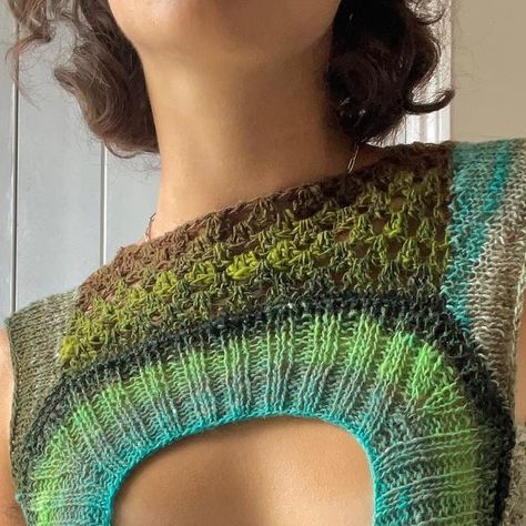 loupy studio on Instagram: "made this a few weeks ago but only just blocked it! mix of crochet & knit using rather tiny little needles. if the keyhole is too much for you, just give her a little 180 and suddenly you have a longline 70s tunic! what a win ! used some stunning noro sock yarn and a carabiner I found on the ground 💘" Loupy Studio, Noro Yarn, Summer Knitwear, Fibre Art, Sock Yarn, On The Ground, Spring 2024, Crochet Fashion, Just Giving