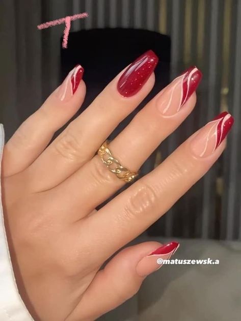 Fancy Red Nails Classy, Red And Nude Nail Designs, Swirly Nail Designs, Red Nails Ideas, Oval Nails Designs, Elegant Touch Nails, Red Acrylic Nails, Nude Nail Designs, Fancy Nails Designs