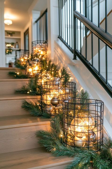 37 Amazing Christmas Decor Ideas (Outdoor) Christmas Outdoor Decorations Porch Front Steps, Outdoor Christmas Lights Front Porch, Christmas Outdoor Stairs Decorations, Outdoor Banister Christmas Decor, Indoor Balcony Christmas Decor, Patio Xmas Decorating Ideas, Christmas Back Porch Decor, Outdoor Door Christmas Decor, Christmas Steps Decor Outdoor