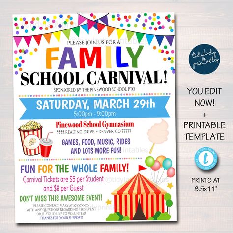 Family Carnival Flyer #FestivalFlyer #FundraiserPoster #PrintableInvitation #ChurchFestival #CharityBenefit #FamilyCarnival #EditableTemplate #CircusParty #ChurchFundraiser #CommunityEvent https://tidylady.net Carnival At School, School Carnival Ideas, Pta Organization, Pto Flyers, Carnival Flyer, Carnival Event, Carnival Tickets, Church Fundraisers, Fundraiser Event