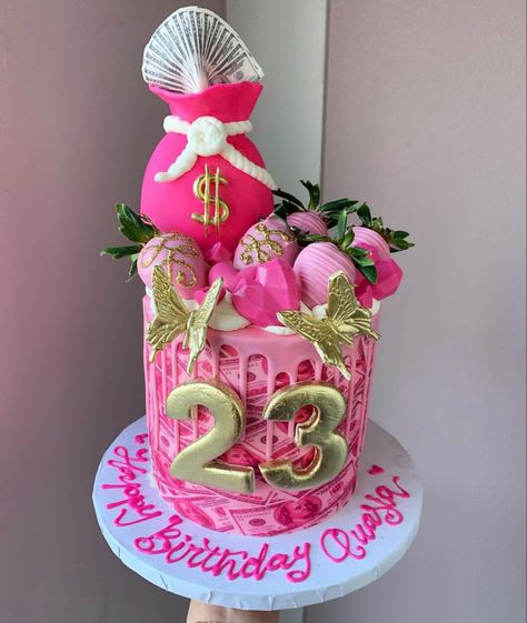 Cute 27th Birthday Cake, Girly Cake Ideas For Women, Boujee Birthday Cake For Women, Pink 23rd Birthday Cake, 23rd Birthday Cake For Her, Pink 24th Birthday Cake, 22nd Birthday Cake For Women, Pink Money Cake, Baddie Cake Ideas