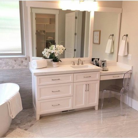 Vanity With Makeup Area Double, Modern Bathroom Design Double Sink, His And Her Vanity Master Bath Separate, Split Vanity Master Bath, Bathroom Double Vanity Ideas Master Bath, Bathroom Remodel Double Sink, Vanity In Bathroom, 2024 Bathroom, Teen Bathrooms