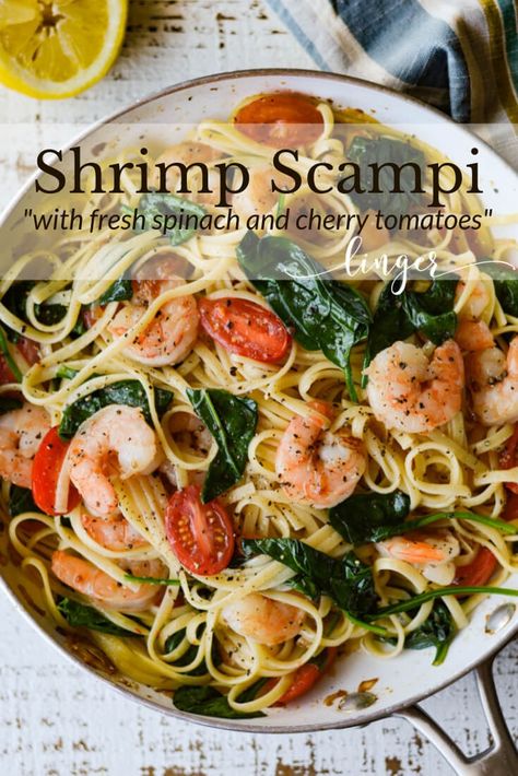 This easy and quick Shrimp Scampi Pasta with Spinach and Cherry Tomatoes is a fresh, bright and healthy pasta recipe. Buttery sauce, garlic, lemon and wine bring a rich flavor to this summertime dish. #shrimpscampi #pasta #seafoodrecipes #healthyrecipes #shrimprecipes #seafood #fishdishes #fish #summertimerecipe Shrimp And Spinach Linguine, Shrimp Tomato Spinach Pasta In Garlic Butter Sauce, Shrimp Scampi Pasta With Spinach, Garlic Olive Oil Seafood Pasta, Maggianos Shrimp Scampi Recipe, Shrimp Cherry Tomato Recipes, Vegetarian Scampi Pasta, Shrimp Scampi With Spinach, Shrimp Scampi With Vegetables