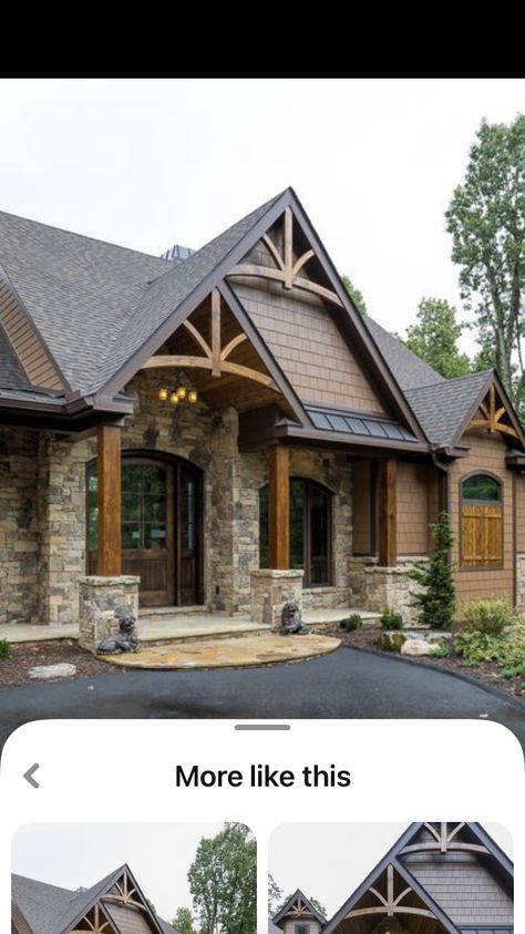 Home Exteriors With Stone And Siding, Mountain House Exteriors, Rustic House Exterior, Cottage House Exterior, Front Porch Addition, House Renos, Siding Ideas, Mountain Home Exterior, Stone Exterior Houses