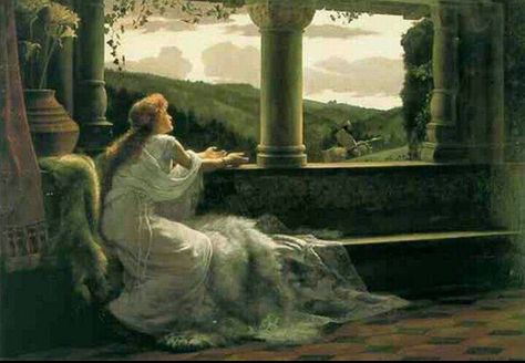 Elaine (ca. 1885), Herbert Schmaltz Leighton House Museum, Frank Dicksee, Medieval Paintings, John Everett Millais, Maria Magdalena, Romantic Paintings, Rennaissance Art, Couple Painting, Romance Art