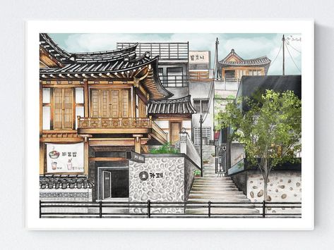 Seoul Drawing City, Korean Building Drawing, Korean Street Drawing, Seoul Illustration, Korea Architecture, Drawing Korean, Architecture Journal, Korean Shop, Drawings Inspo