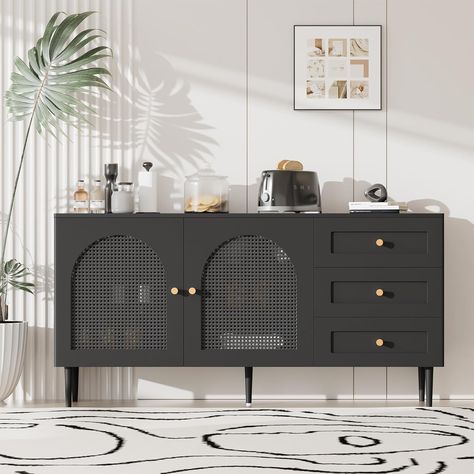 Amazon.com: Black Rattan Sideboard Buffet Cabinet with 3 Drawers, Boho Accent Storage Cabinet with Arched Hollowed Rattan Doors,Cupboard Console Cabinet with Adjustable Shelves for Dining Living Room, Entryway : Home & Kitchen Modern Black Sideboard, Black Sideboard Buffet, Rattan Doors, Rattan Sideboard, Black Rattan, Accent Storage Cabinet, Furniture Storage Cabinets, Accent Storage, Sideboard Bar