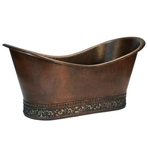 Premier Copper Products 5.58 ft. Copper Double Slipper Flatbottom Non-Whirlpool Bathtub in Oil Rubbed Bronze with Scroll Base and Nickel Inlay Copper Soaking Tub, Soaker Bathtub, Slipper Tub, Slipper Bathtub, Copper Sinks, Slipper Tubs, Copper Tub, Copper Bath, Copper Bathtubs