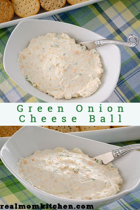 Green Onion Cheese Ball - Real Mom Kitchen - Appetizer Green Onion Cheese Ball Recipes, Green Onion Cheese Ball, Onion Cheese Ball, Ball Recipes, Mom Kitchen, Party 2023, Cheese Ball Recipes, Superbowl Snacks, Cheese Balls