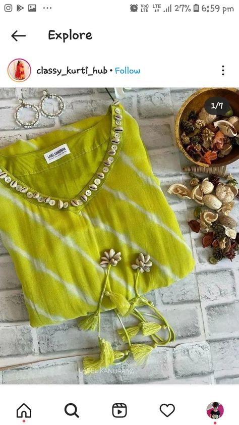 Embroidery Work Kurti Design, Lahariya Suit Design, Laheriya Design Kurti, Leriya Kurti Design, Hand Work On Kurti, Mirror Work Blouse Design, Simple Kurta Designs, Kurti Patterns, Simple Kurti Designs