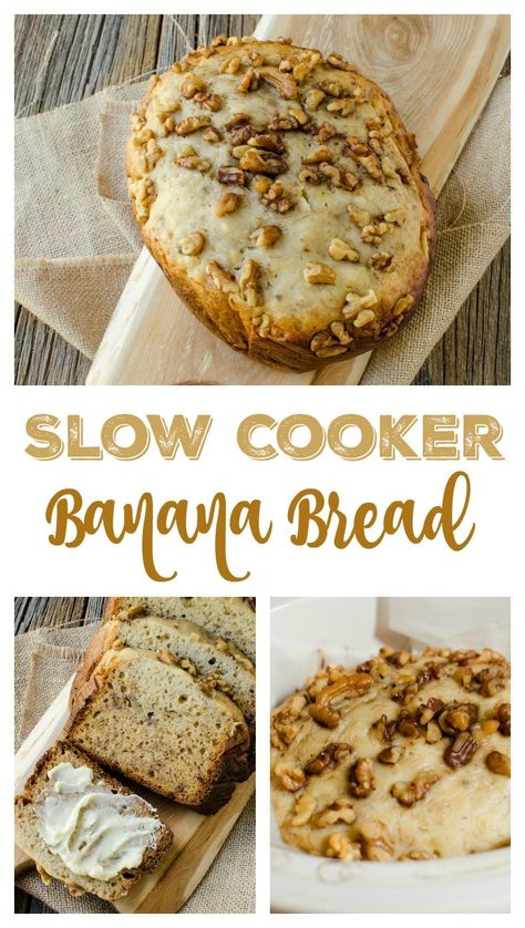 Slow Cooker Banana Bread via @janaseitzer Slow Cooker Banana Recipes, Crockpot Banana Recipes, Banana Bread In Crockpot, Crockpot Banana Bread Easy, Crock Pot Banana Bread, Crockpot Banana Bread, Curry Ideas, Slow Cooker Banana Bread, Crockpot Dessert