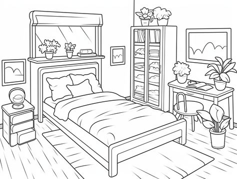 illustration of Whimsical bedroom picture for coloring Dream Bedroom Drawing, Bedroom Coloring Pages, Interior Coloring Pages, Picture For Coloring, 2000s Bedroom, Bedroom Cartoon, Cozy Bedroom Colors, Whimsical Bedroom, Bobbie Goods