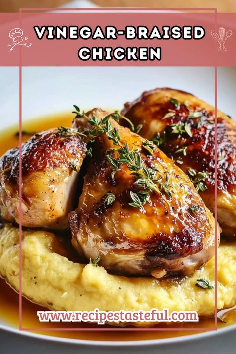 A comforting and flavorful dish featuring succulent chicken thighs braised in a tangy vinegar and cider sauce, served over creamy herby polenta. Perfect for a cozy dinner! Vinegar Chicken, Braised Chicken Thighs, Cozy Dinner, Braised Chicken, Quick Weeknight Meals, Chicken Thigh Recipes, Chicken And Vegetables, Polenta, Cooking Dinner