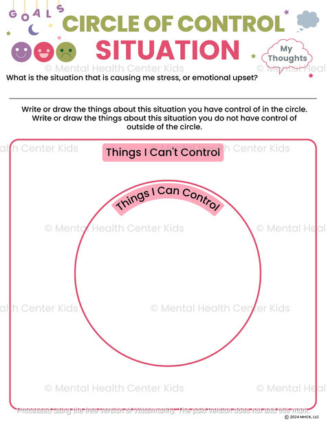 Circle of Control Worksheet for Kids and Teens Circle Of Control Activity, Circle Of Control, Teaching Emotions, Cbt Worksheets, Self Esteem Worksheets, Counseling Worksheets, Dbt Skills, Behavior Therapy, Motivational Interviewing