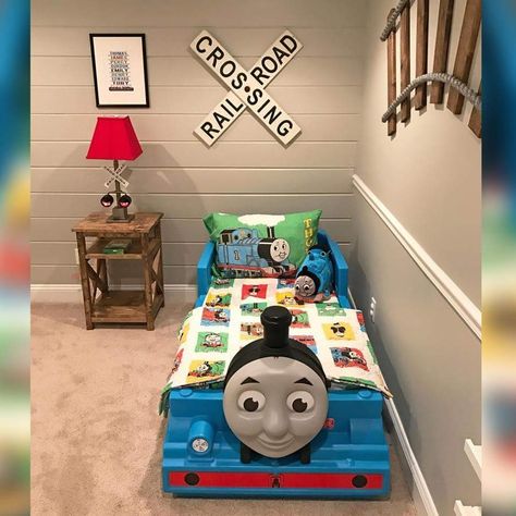 Thomas Themed Bedroom, Thomas The Train Room Ideas, Thomas The Train Bedroom Ideas, Thomas The Train Decorations, Train Toddler Room, Toddler Train Room, Train Bedroom For Boys, Thomas The Train Room, Train Bedroom Decor