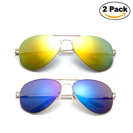 Newbee Fashion - 2 Pack Classic Aviator Sunglasses Flash Full Mirror lenses Slim Frame Super Light Weight for Men Women with Spring Hinge Clear Tip UV Protection Size: one size.  Color: Multicolor.  Gender: unisex.  Age Group: adult. Full Mirror, Slim Frame, Spring Hinge, Aviator Sunglasses, Uv Protection, 2 Pack, Age Group, Lenses, Flash