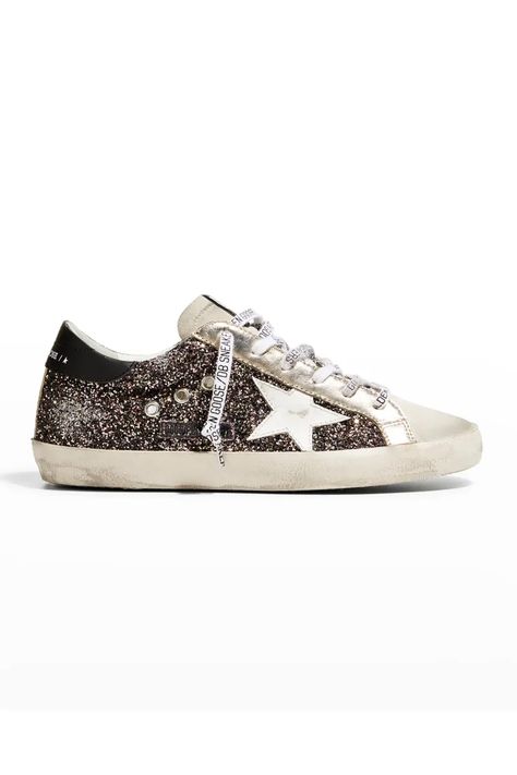 X5FWR Golden Goose Superstar Glitter Logo-Lace Sneakers Balenciaga Trainers, Golden Goose Sneakers Outfit, Golden Goose Superstar, Western Style Boots, Goose Shoes, Exclusive Sneakers, Sneaker Stores, Golden Goose Sneakers, Metal Fashion