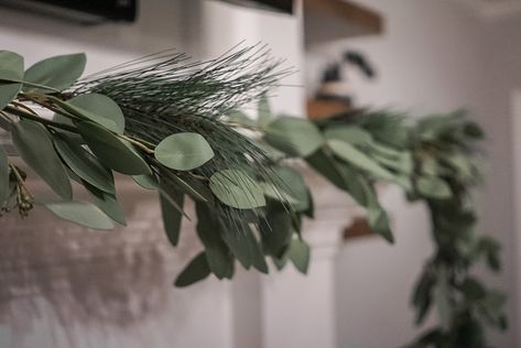 Eucalyptus Mantle Decor, Eucalyptus Garland Mantle, Modern Christmas Garland, Knit Stockings Christmas, Mcgee Christmas, Studio Mcgee Christmas, Eucalyptus And Pine, Diy Eucalyptus, Planning Christmas