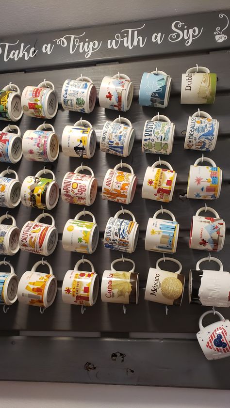 Starbucks Coffee Mugs Travel, Been There Mugs Display, Starbucks You Are Here Mugs Display, Starbucks Mugs Collection, Starbucks Mug Display Ideas, Starbucks State Mugs, Mug Collection Display, Dirty Kitchen Design, Starbucks City Mugs