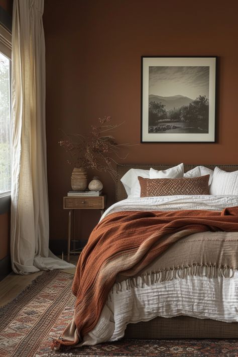 70 Bedroom, Masculine Boho, Terracotta Bedroom, Bedroom Color Combination, Fall Bedroom Decor, Earthy Bedroom, Beige Bedroom, Bedroom Orange, Beautiful Houses Interior