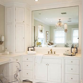 Wraparound Corner Bathroom Vanity - Design, decor, photos ... Bathroom Vanity With Tower, Vanity Corner, Corner Bathroom Cabinet, Crown Point Cabinetry, Corner Bathroom Vanity, White Dressing Tables, Corner Vanity, Room Vanity, Bathroom Vanity Designs