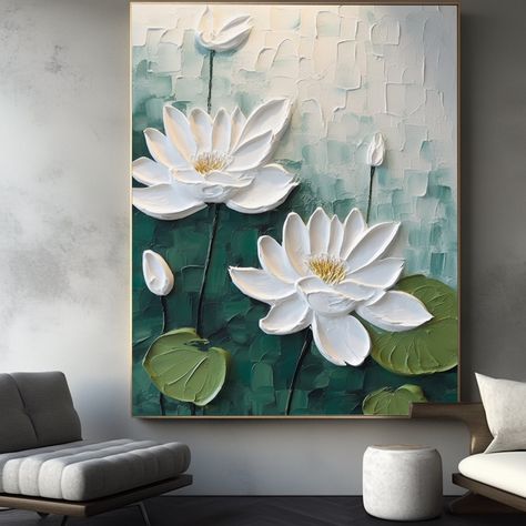 Lotus Texture Painting, Lotus Wall Painting, Paint Knife Art, Lotus Leaf Painting, Texture Projects, Lotus Landscape, Landscape Wall Painting, Lotus Painting, Wall Art Diy Paint