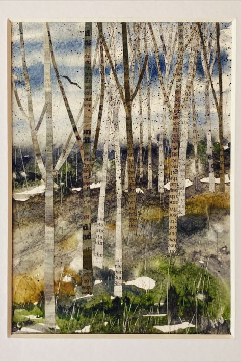 Winter trees created from painted newsprint collage and sludgy watercolour hues. A small painting on paper. #papercollageart #treepaintings Watercolour On Newspaper, Collage Trees Art, Collage Landscapes Mixed Media, Forest Collage Art, Nature Collage Art, Collage Trees, Collage Landscapes, Forest Collage, Watercolour Collage