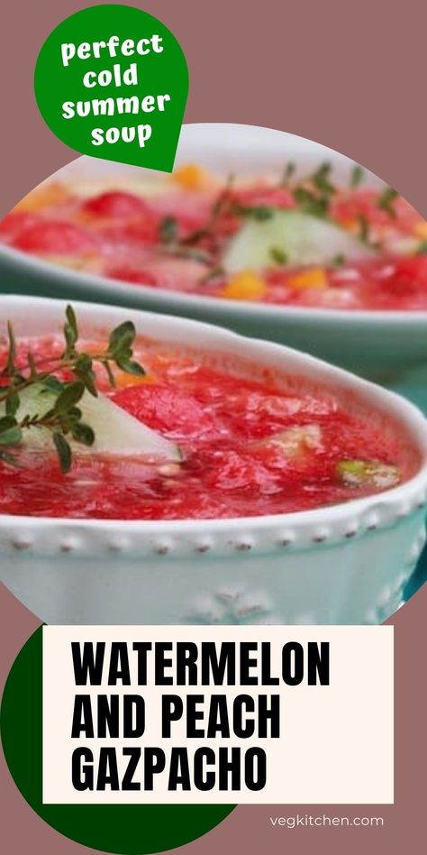 Adding summer fruit like watermelon and peaches (or nectarines) to a classic tomato gazpacho works surprisingly well. Melon Gazpacho, Cucumber Gazpacho, Tomato Gazpacho, Peach Sorbet, Summer Soup, Vegan Holiday, Watermelon Gazpacho, Vegan Holidays, Vegan Soups