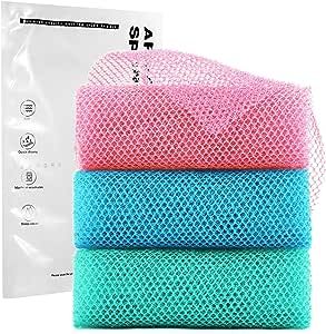 3 Pieces African exfoliating net African Net Long Net Bath Sponge Exfoliating Shower Body Scrubber Back Scrubber Skin Smoother,Great for Daily Use (Pink, Blue, Green) African Net Sponge, Bath Sponges, Back Scrubber, Body Scrubber, Bath Sponge, Purple Grey, Makeup Skin Care, Smooth Skin, Cleaning Household