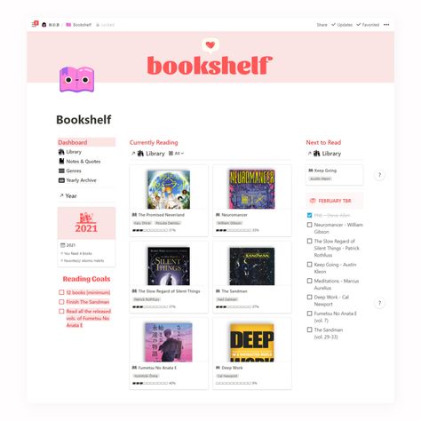 Your bookshelf on Notion! — elliegons Notion Media Tracker, Notion Inspiration, Notion Setup, Notion Board, Planner Collection, Notion Inspo, Notion Ideas, Notion Aesthetic, Aesthetic Notion