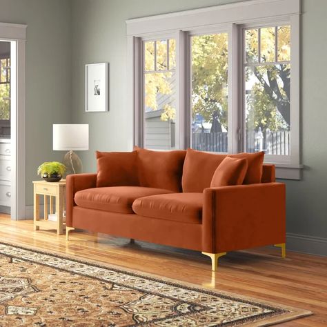 Shumpert 81.5'' Velvet Square Arm Sofa Rust Sofa Living Room, Sofa Colour, Hollywood Vibes, Velvet Sofa Living Room, Velvet Tuxedo, Orange Sofa, Sofa Velvet, Room Of One's Own, Purple Rooms