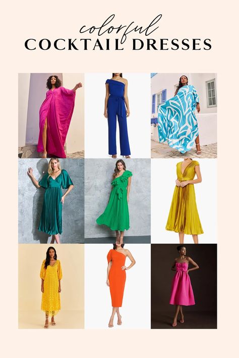 Colorful Cocktail Dresses for a Party » Lovely Indeed Wedding Cocktails Dress, Colourful Cocktail Dress, Colorful Cocktail Dress, Colorful Cocktail Attire, Summer Chique Dresscode, Coctail Dresses 2024, Cocktail Dresscode, Colorful Wedding Guest Outfits, Dress Code Cocktail