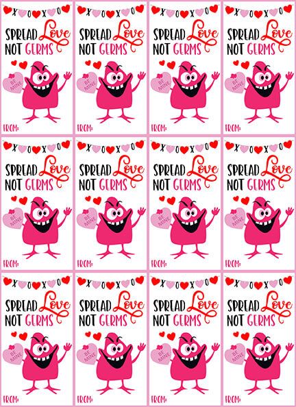 Valentine Hand Sanitizer Free Printable - Spread Love Not Germs Chapstick Valentine, Valentines Card Sayings, Kids School Gifts, Spread Love Not Germs, Valentines Treats, Emoji Valentines, Teacher Valentine Gifts, Valentines Gift Tags, Valentine Coloring Pages