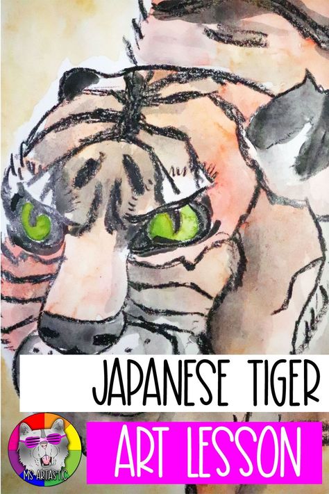 Let's paint Japanese styled Tigers with Watercolor Paints in this Historical Japanese Art Making Style! In this art lesson, students will use watercolor paints to create an artwork inspired by historical Japanese art piece called “Tiger” from early 19th century. This artwork was inspired by art from Japan by artist Kishi Ganku (Japanese, 1749–1838) and will allow students to explore watercolor techniques. Tiger Art Lesson, Tiger Art Project, Tiger With Green Eyes, Historical Japanese Art, Japanese Tiger Art, Words Japanese, Upper Elementary Art, February Art, June Art